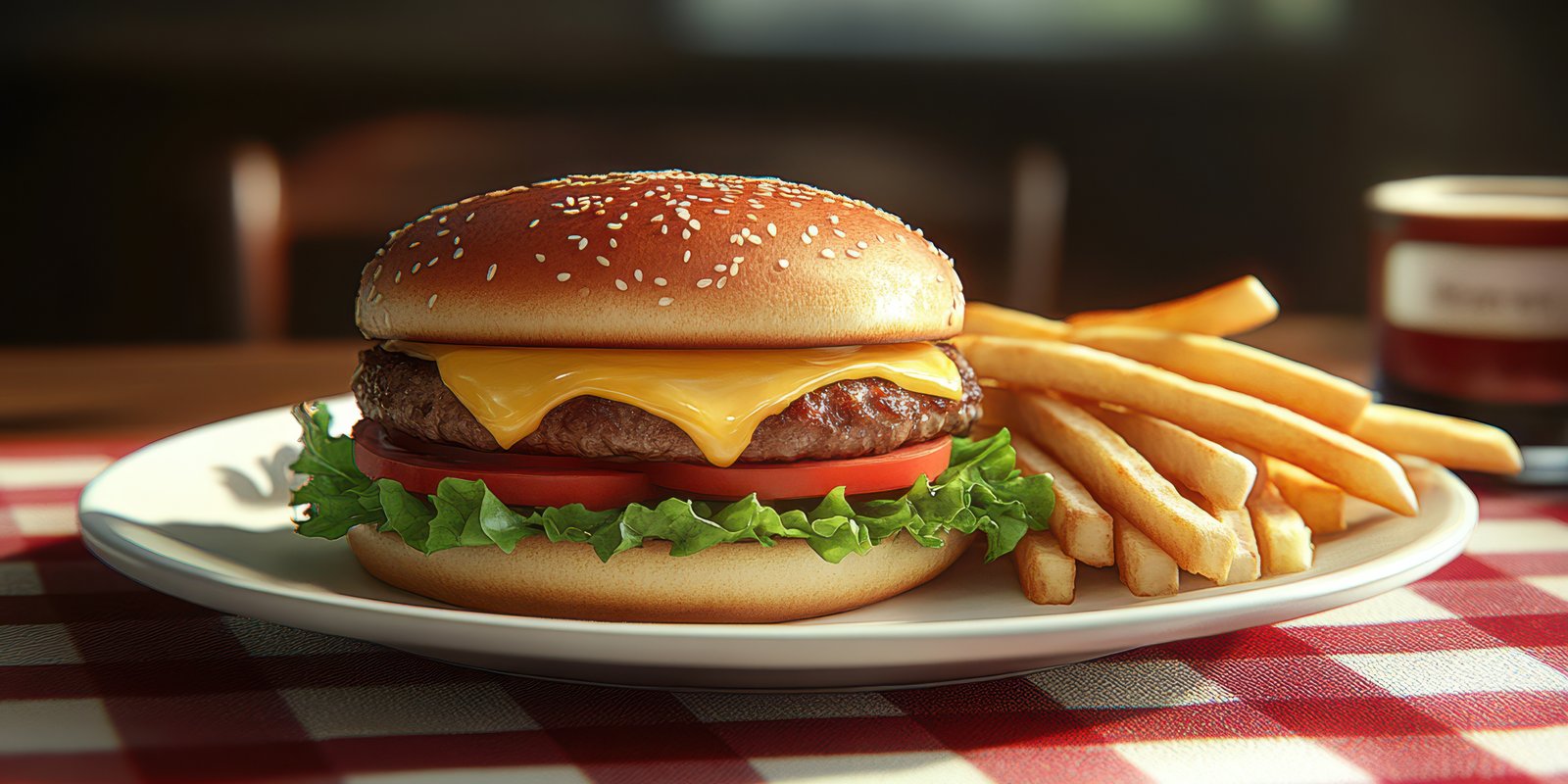 Delicious cheeseburger with fries served on a checkered tablecloth at a cozy diner during lunchtime